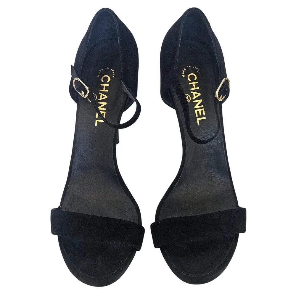 Chanel 2016 Black Suede Satin Gold CC Logo High Heels Sandals Shoes Strappy 41.5